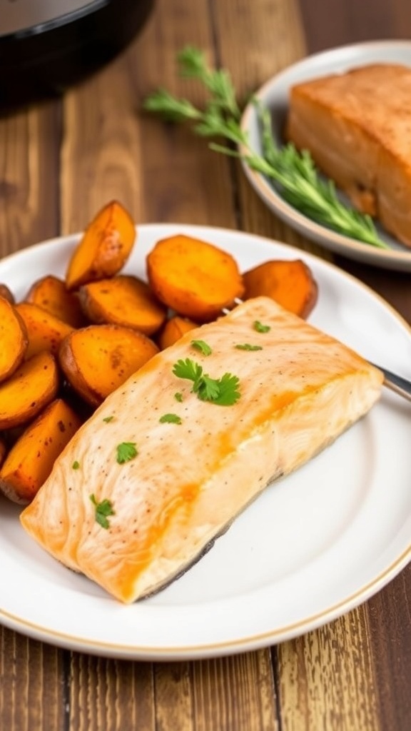 Air fryer salmon fillets with roasted sweet potatoes, garnished with parsley on a rustic table.